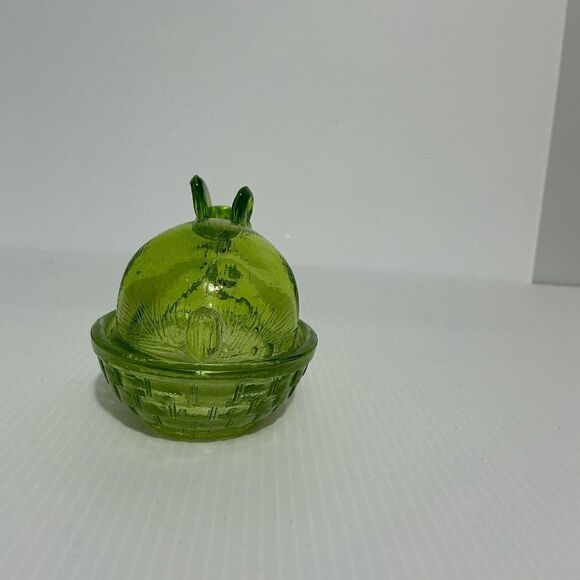 Small Green Textured Glass Bunny on a Basket Candy Dish with Lid 2 Piece Set - Picture 3 of 6